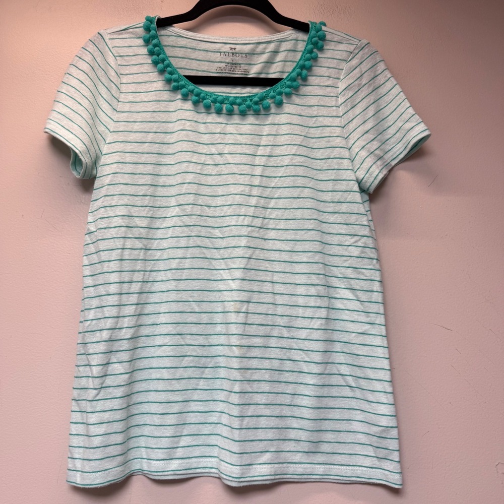 Talbots Striped T-Shirt Womens Small Mint Green Good Pom Pom Linen Blend 9370